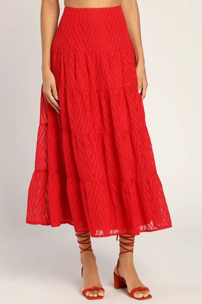 Key West Cutie Red Jacquard Tiered Midi Skirt | Lulus (US)