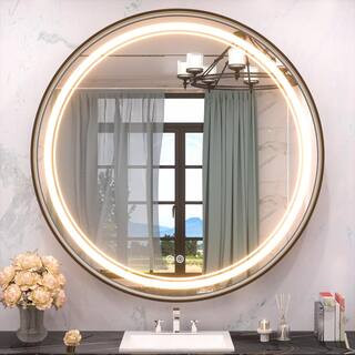 KeonJinn 36 in. W x 36 in. H Round Framed 3-Colors Dimmable LED Wall Mount Bathroom Vanity Mirror... | The Home Depot