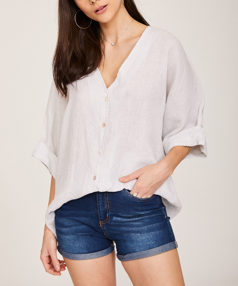 Ornella Paris Women's Tunics WHITE - White V-Neck Linen Button-Up Top - Women & Plus | Zulily