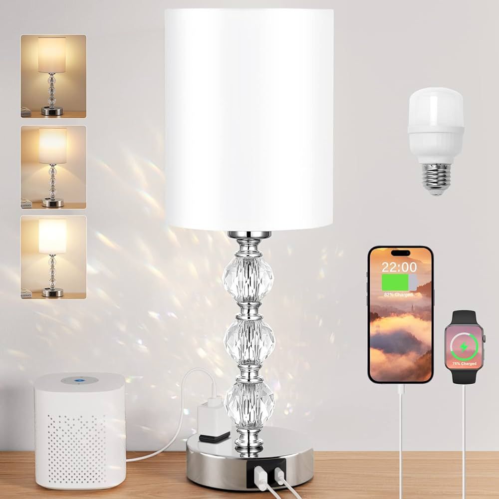 Touch Bedside Crystal Lamps for Bedrooms Nightstand with USB C+A Charging Port and AC Outlet Whit... | Amazon (US)