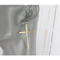 Gold Cross Dangle Earrings 2"" Long Lightweight Cross Pendant Easter | Etsy (US)