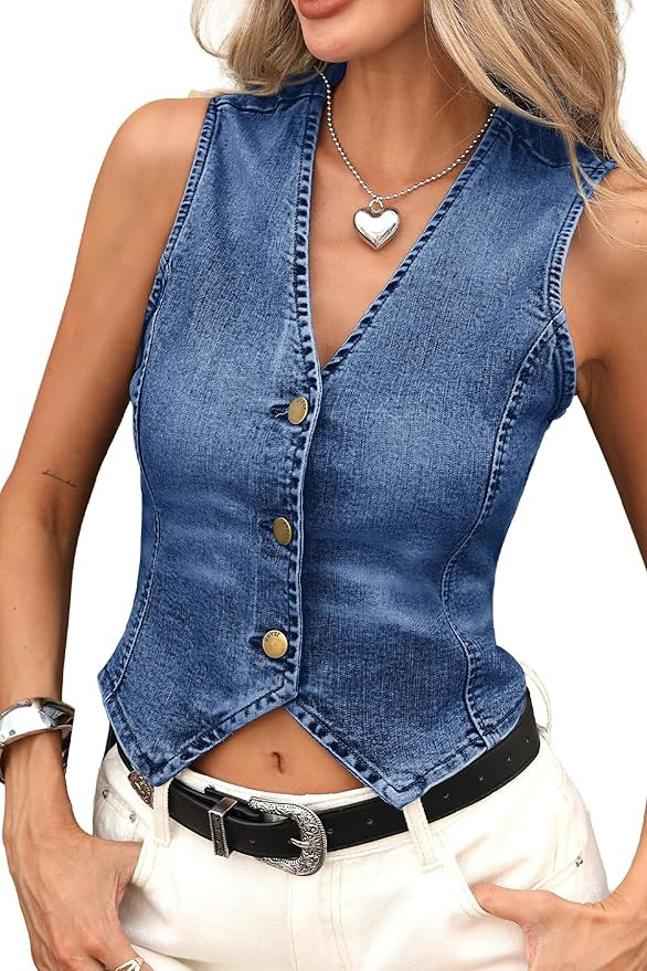 ELLEVEN Women's Cropped Denim Vest with Fitted Waist, V-Neck Jean Waistcoat for Summer Western Tr... | Amazon (US)