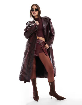 Bersha snakeskin faux leather trench coat in burgundy | ASOS (Global)