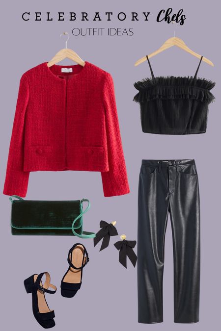 Wide-leg faux leather pants
Statement bow earrings
Cropped tweed jacket
Heels
Suede platform sandals 
Ruffled bustier top
Holiday party outfit
Christmas outfit
Velvet clutch
Red and green
Festive fashion
Gifts for her 

#LTKshoecrush #LTKHoliday #LTKstyletip