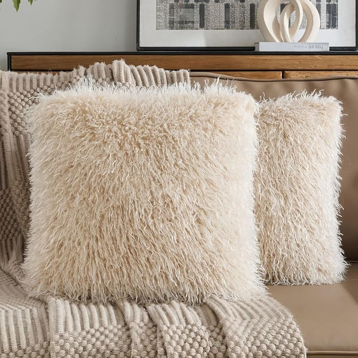 Pack of 2 Shaggy Mongolian Faux Wool Throw Pillow Covers 18x18 Inch Soft Fluffy Farmhouse Decorat... | Amazon (US)