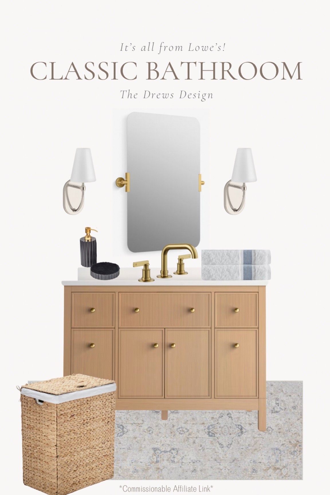 #ad  I love this classic bathroom design  - everything is sourced from Lowe’s! I love the mixed metal finishes, brass plumbing fixtures and light wood vanity. 

Sometimes the simplest changes make the biggest impact! Whether it is renovating a bathroom, upgrading old builder-grade lighting, finding the perfect wallpaper, or the choosing right rug for your home, @loweshomeimprovement is a great source to find all things interior! 

 #lowespartner @loweshomeimprovement @shop.ltk #liketkit #homerefresh

#LTKSaleAlert #LTKStyleTip #LTKHome