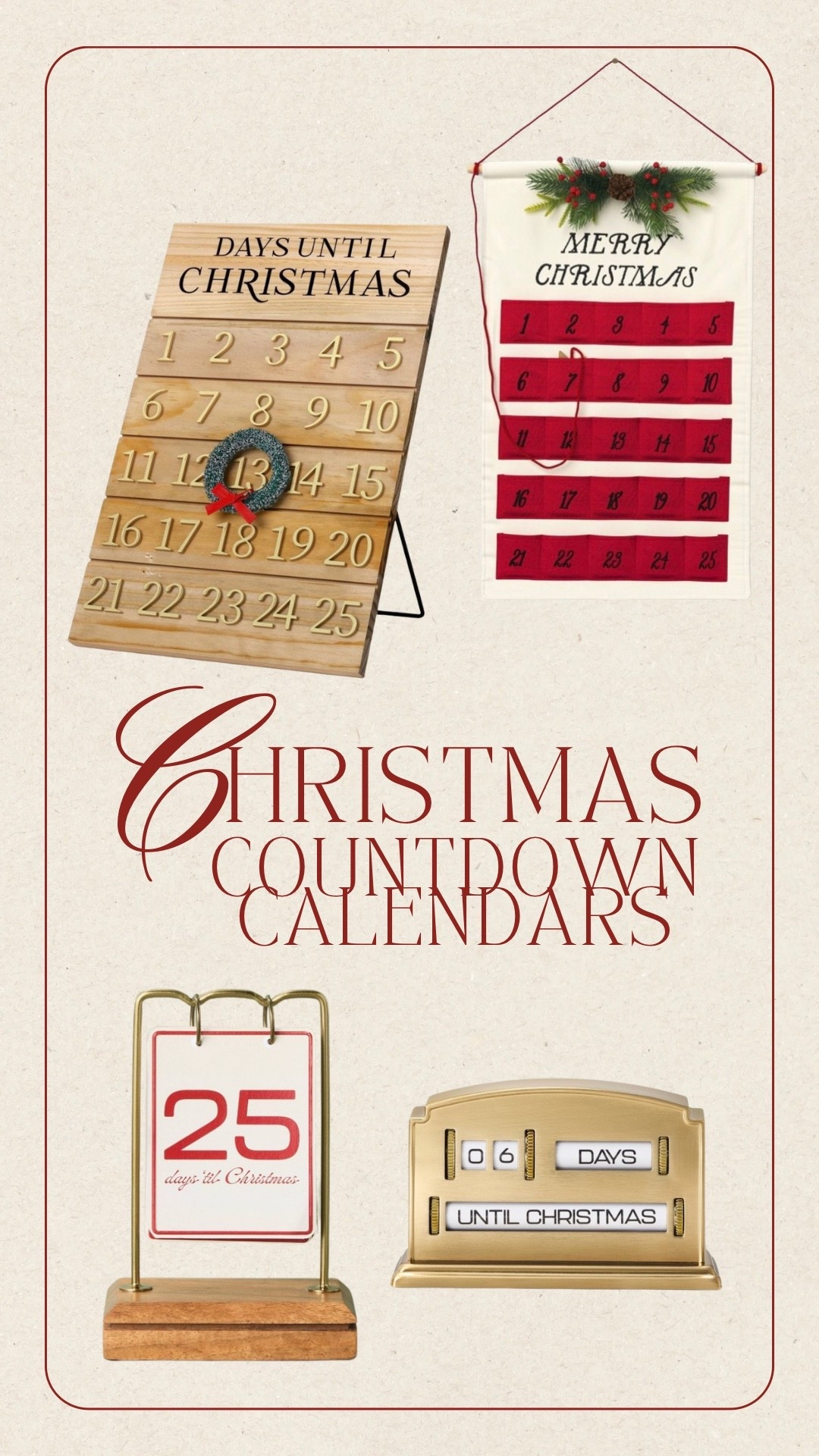 ✨ Christmas Countdown Calendars from Target ✨
If you’re looking for a cute + festive way to track the days until Christmas, these Target countdown calendars are so good. Wood, brass, fabric — so many cozy styles to match any holiday aesthetic. Perfect for mantles, entry tables, or kid spaces! 🎄
Shop all the Target Christmas countdown calendars here👇

#LTKHoliday #LTKSeasonal #LTKHome