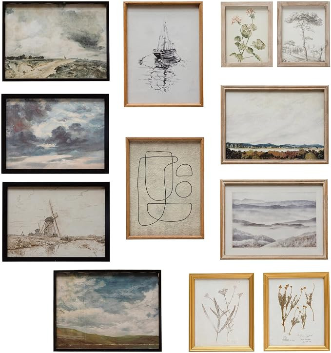 Creative Co-Op Wood Framed Landscapes, Botanicals, and Abstract Images, Multicolor, Set of 12 | Amazon (US)