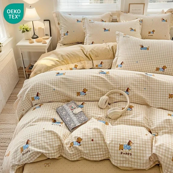 JOLUSERE 3-Piece Beige Gingham Puppy Pattern Comforter Full Set , Soft Blue Dachshund Bedding Set... | Walmart (US)