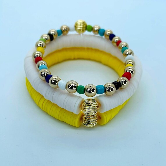 The Sunshine Stretch Bracelet Stack; Yellow and White Stretch Beaded Bracelet Stack | Etsy (US)