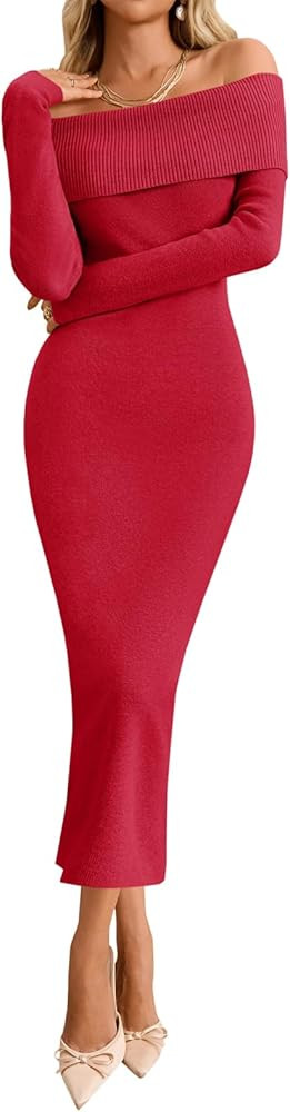 Wenrine Womens Off The Shoulder Bodycon Sweater Dress 2025 Elegant Long Sleeve Cocktail Party Mid... | Amazon (US)