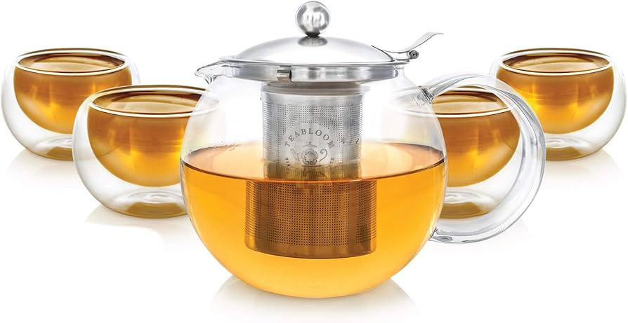 Teabloom Stovetop Safe Glass Teapot with Removable Infuser (40oz/1200ml) and Four Double Walled G... | Amazon (US)