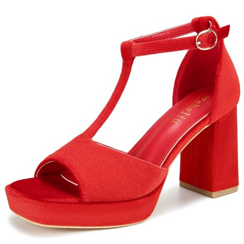 Wsheliu Red Heels Womens Chunky Platform Heels Open Toe Red Platform Pumps Ankle Strap Prom Party Wedding Dress Shoes 3.74 IN Velvet Size 6 | Amazon (US)