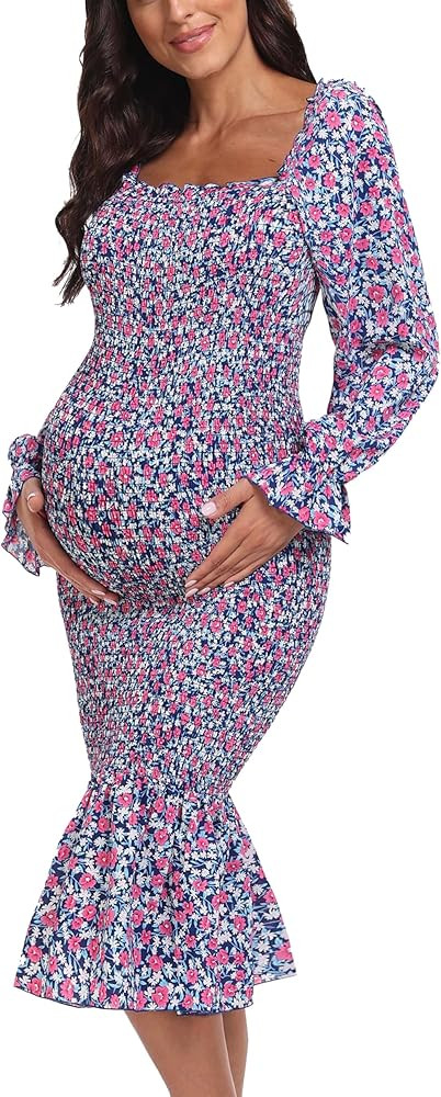Spring Long Puff Sleeve Maternity Dress Floral Ruffle Hem Mermaid Baby Shower/Photoshoot Dress | Amazon (US)