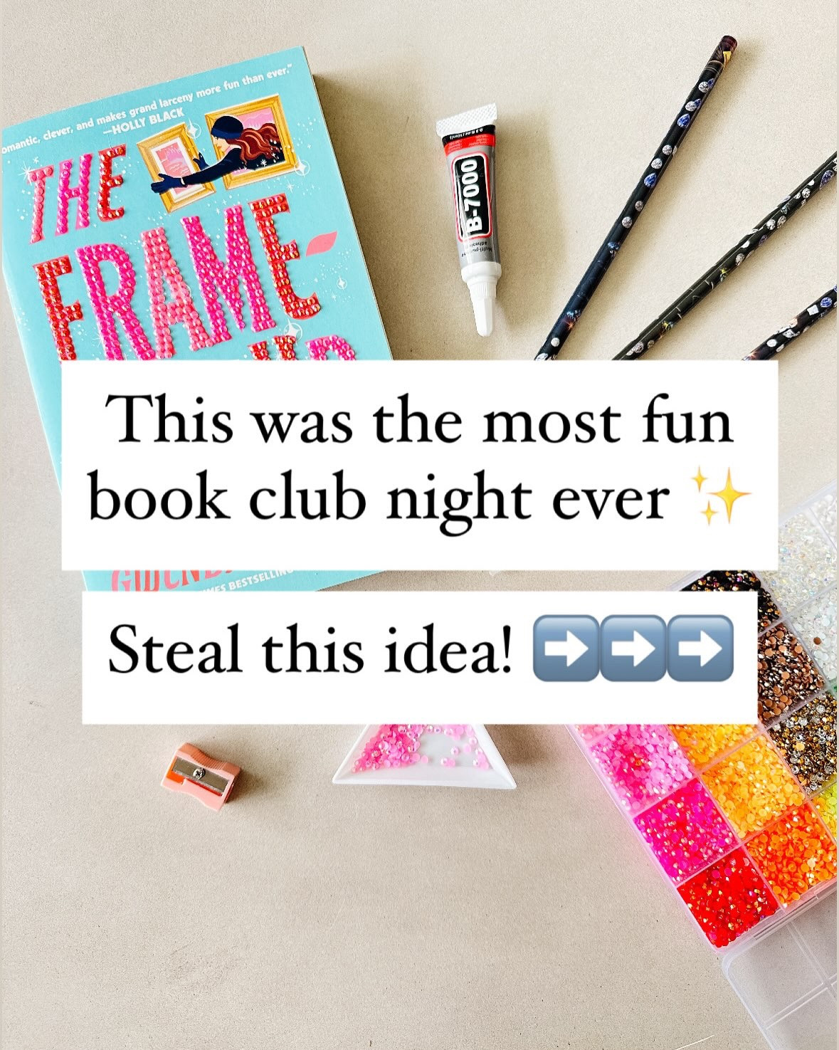 I’m not a crafty person, so I didn’t know that I’d really enjoy this. 

And then I LOVED it! 

Seriously one of my all-time favorite book club nights and now my kids have spent hours this past year bedazzling their favorite books, phone cases, notebooks, piano books, and more! 

And it’s also super affordable! (The gem kit is currently on mega sale!)