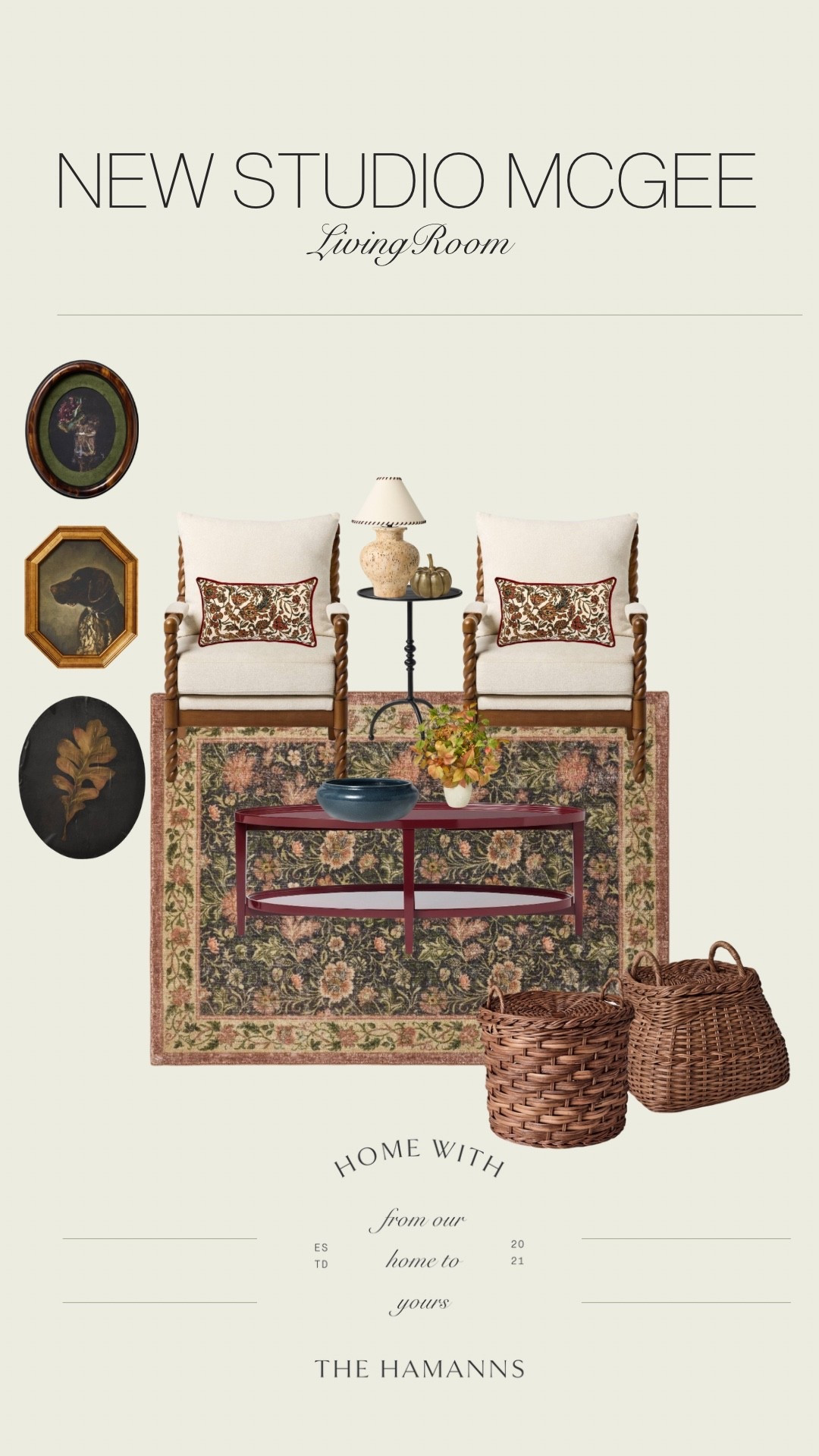 Studio McGees new fall line at target that released at 2AM June 16th! Here are some of my favorite items for the living room!

Target, home decor, fall decor, floral lumbar pillow, vintage floral rug, area rug, dark brown baskets, baskets with lids, burgundy metal coffee table, maroon coffee table, fall faux potted plant, blue ceramic bowl, ceramic lamp, stitching lamp shade, brass pumpkin, oval framed art, dog art, brass frame, leaf art, vintage inspired decor, moody decor 

#LTKHome #LTKSeasonal #LTKStyleTip