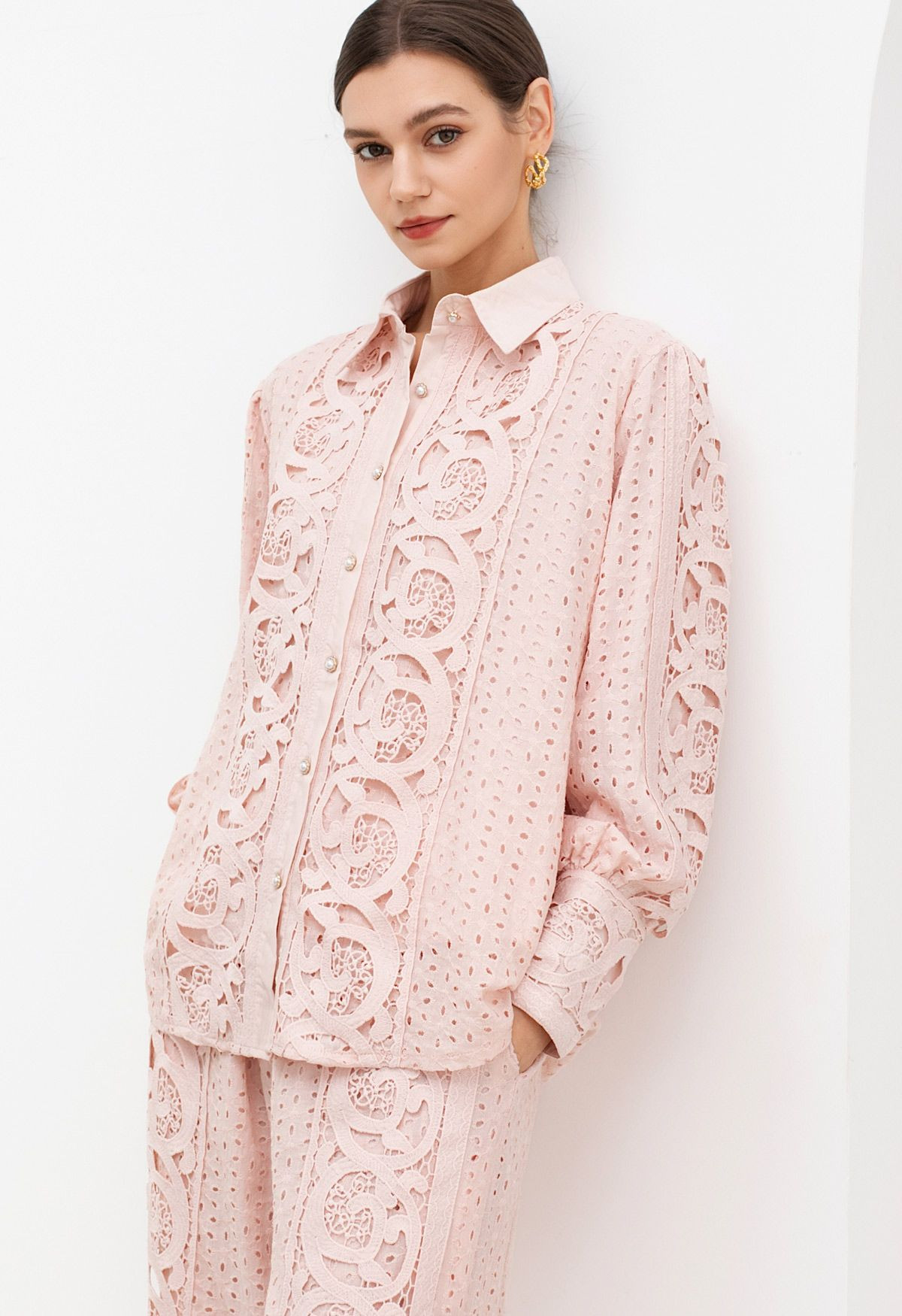 Cutwork Embroidery Eyelet Cotton Shirt and Pants Set in Light Pink for Retro Themed Gatherings & ... | Chicwish