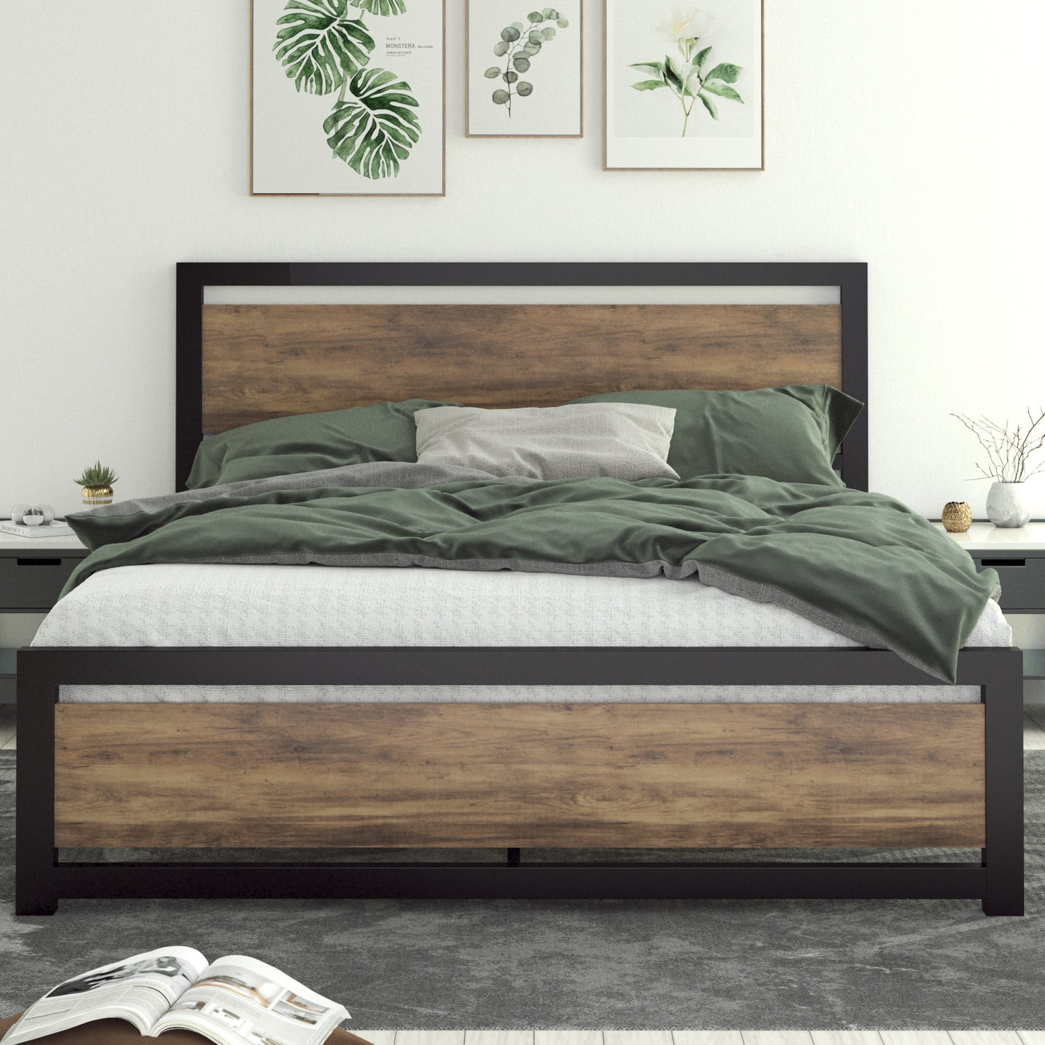 Allewie Queen Size Metal Platform Bed Frame with Square Frame Wooden Headboard&Footboard, Brown | Walmart (US)