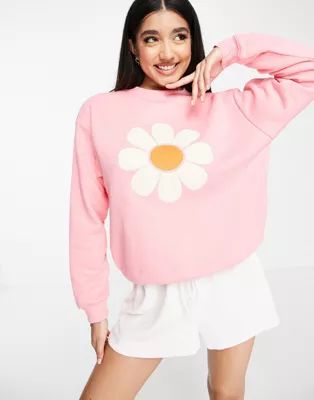Monki flower motif sweatshirt in pink | ASOS (Global)