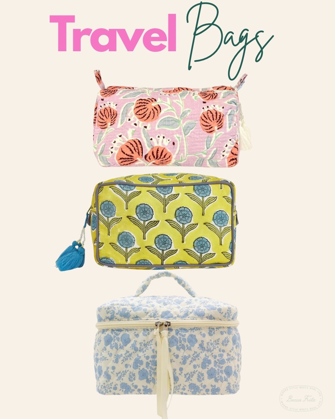 Travel bags I’m loving lately ✈️
Cute, functional, and perfect for keeping everything organized when I’m packing. I always love finding travel pieces that make getting ready feel a little easier AND a little prettier. These are such fun options for makeup, toiletries, and all the little essentials! Linked here 👇 💕 

#travelessentials #travelbags #makeupbag #toiletrybag #packingessentials #carryonessentials  #organization #travelaccessories #cutetravelfinds #quiltedbag #floralbag #aesthetictravel #vacationpacking #weekendgetaway #beautyorganization #giftideasforher #springtravel #summertravel 
