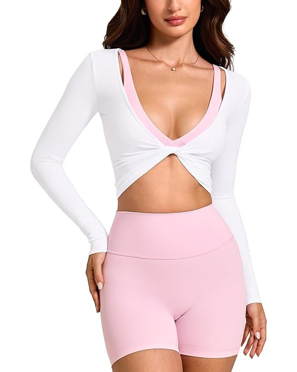 Womens Long Sleeve Knot Top Twist Front Cropped Activewear Ribbed Shirt Ballet Pilates Yoga Versa... | Amazon (US)