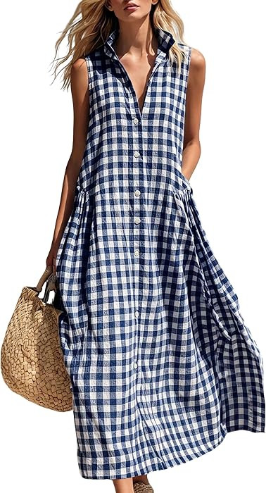 chouyatou Women's Sleeveless Plaid Cotton Dress Lapel Button Front Gingham Long Shirt Dress with ... | Amazon (US)