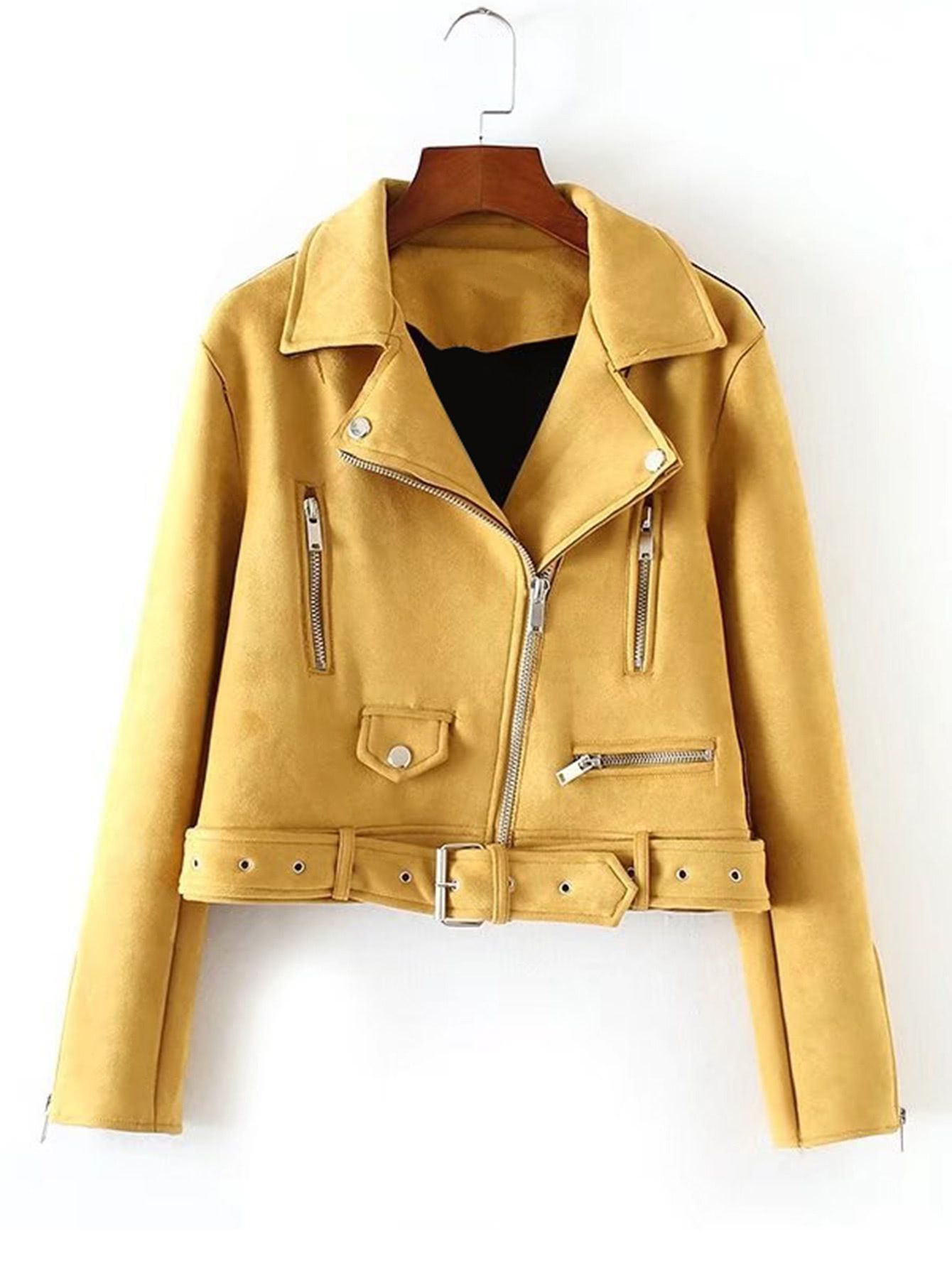 Oblique Zipper Belted Suede Jacket | SHEIN