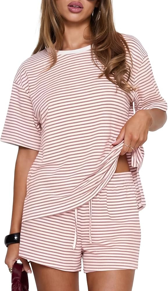 Darong Womens Striped 2 Piece Lounge Sets Short Sleeve Oversized T Shirts Drawstring Shorts Match... | Amazon (US)