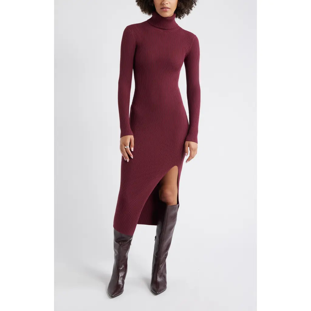 Open Edit Rib Long Sleeve Turtleneck Sweater Dress in Burgundy Tannin at Nordstrom, Size X-Small | Nordstrom