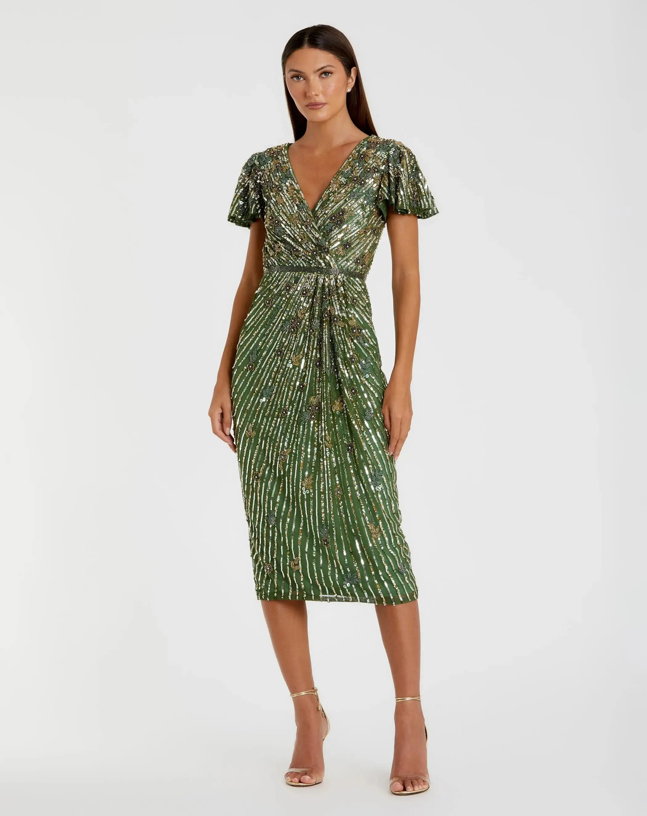 Green Embellished Faux Wrap Flutter Sleeve Dress - Mac Duggal | Mac Duggal
