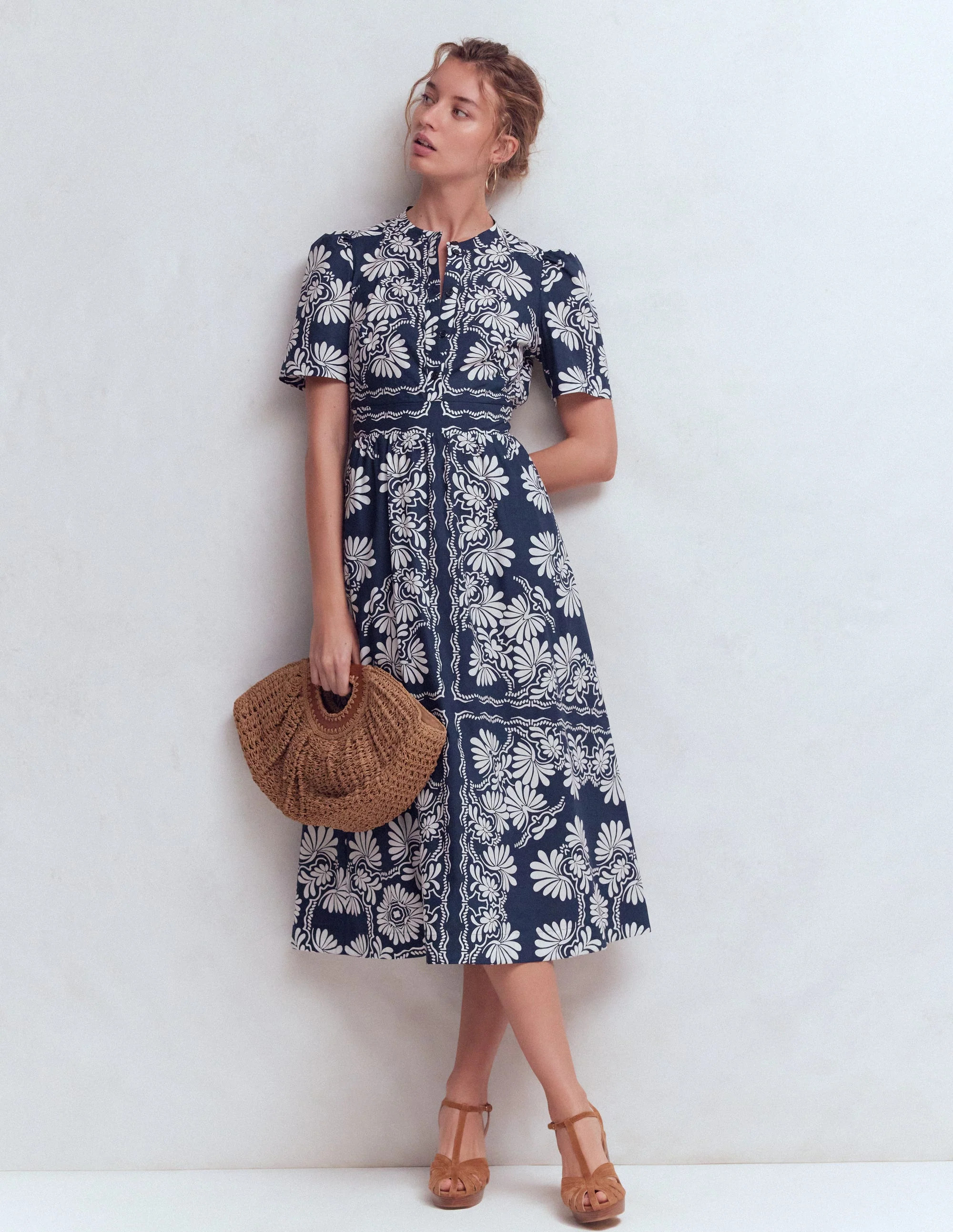 Ivy Cotton Midi Dress-French Navy Botanical Charm | Boden (US)