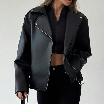Windproof & Warm Black PU Motorcycle Jacket, Versatile For Fall/Winter | SHEIN