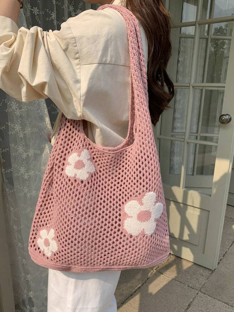 1pc Flower Pattern Knitted Handbag, Large Capacity Hollow Out Tote Bag, Fashionable Beach Bag & Commuting Bag | SHEIN
