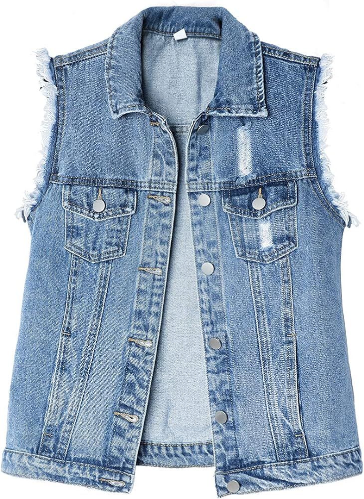 ebossy Women's Candy Color Slim Fit Sleeveless Distressed Denim Jean Vest Jacket | Amazon (US)