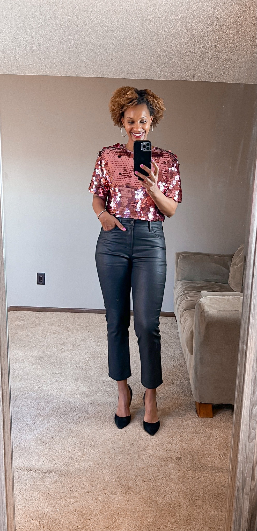 Simple New Year’s Eve outfit idea. Sequins top and black coated denim or plain denim jeans are affordable and easy to style. 

#LTKstyletip #LTKover40 #LTKHoliday