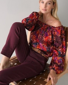 Long Sleeve Silk Burnout Off The Shoulder Blouse | White House Black Market