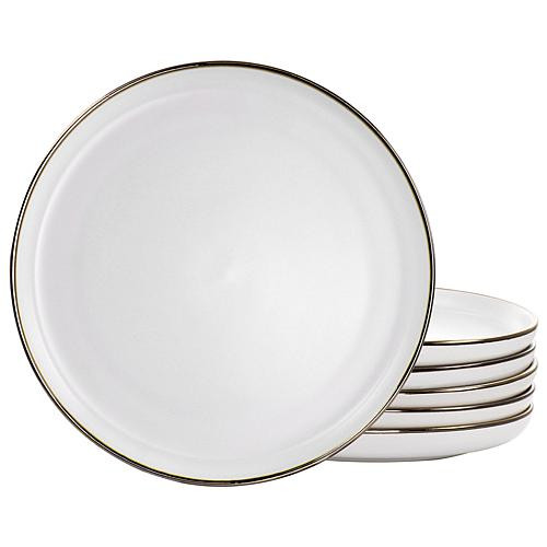 Elama Arthur 6Pc Stoneware Dinner Plate Set, Matte White with Gold Rim | HSN