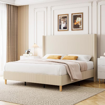 King Bed Frame, Upholstered Platform Corduroy Bed Frame with Vertical Channel Tufted Wingback Headboard, Strong Wooden Slats, Easy Assembly, Beige | Target