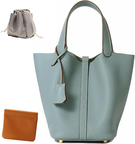 Genuine Leather Bucket Bag, Top-Handle Satchel Handbag with Lock | Amazon (US)