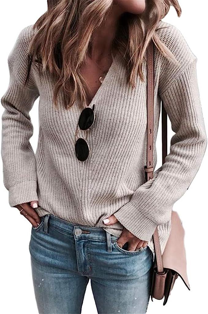 Koinshha Womens V Neck Knitted Chunky Warm Casual Pullover Sweater Soft Casual Pullover Sweater | Amazon (US)