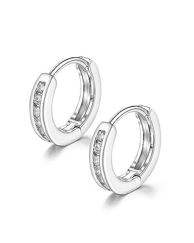 Silver Huggie Earrings for Women Hoop Men Stainless Steel Unisex Titanium for Sensitive Ears Stylish Crystals Diamonds cz Guys Fashion 12MM | Amazon (US)