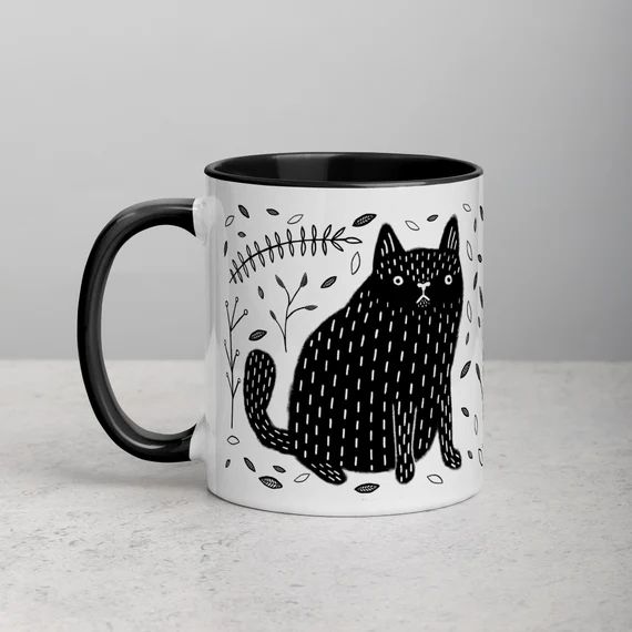 11oz COFFEE MUG Black Cat Folk Art Housewarming Birthday Gifts Funny Cute Weird Stuff Quirky Tea ... | Etsy (US)