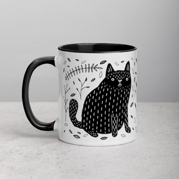 11oz COFFEE MUG Black Cat Folk Art Housewarming Birthday Gifts Funny Cute Weird Stuff Quirky Tea ... | Etsy (US)