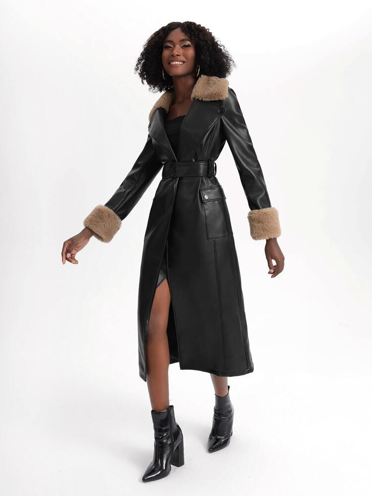 SHEIN X Rossella Logiurato Fuzzy Collar & Cuff Belted PU Leather Coat | SHEIN