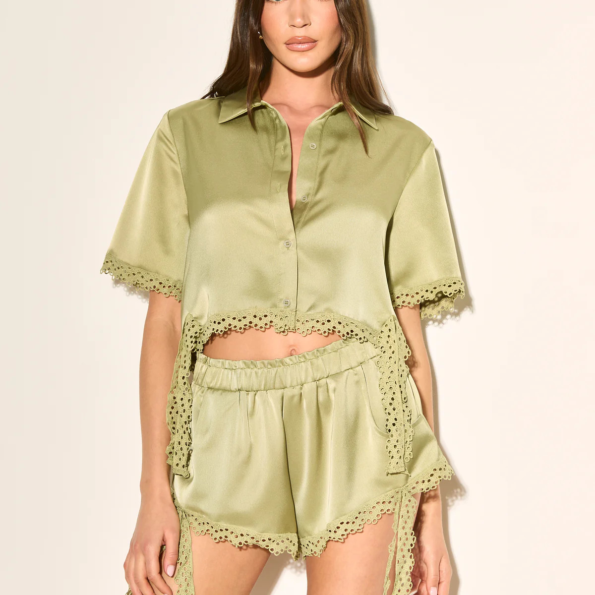 TALLULA Olive Crochet Trim Shirt | Noughts and Kisses
