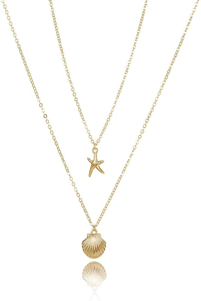 Tgirls Boho Starfish Layered Necklace Shell Pendant Necklace Gold Necklaces Chain for Women and G... | Amazon (US)