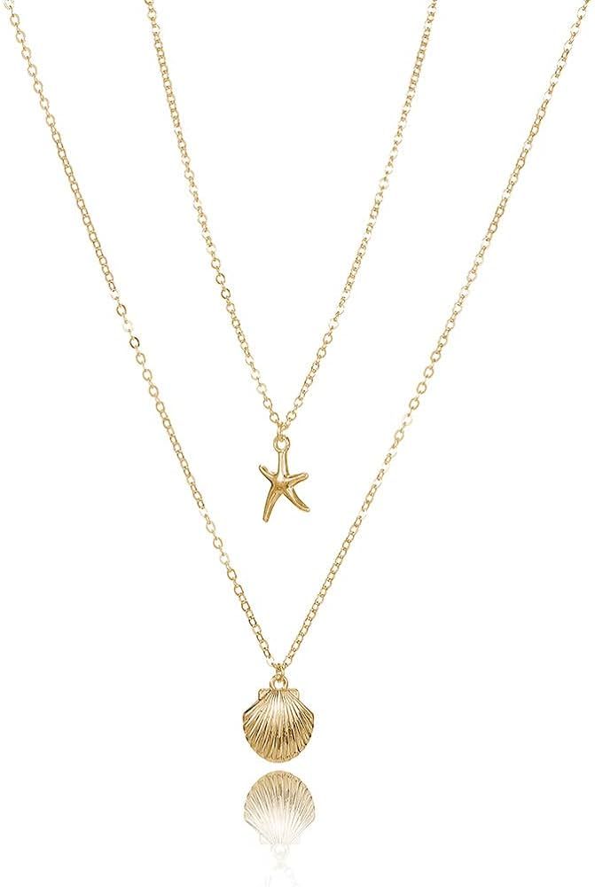 Tgirls Boho Starfish Layered Necklace Shell Pendant Necklace Gold Necklaces Chain for Women and G... | Amazon (US)