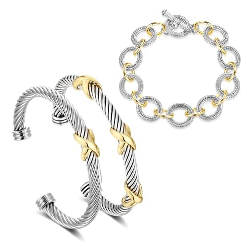 HANTNOOL 3PCS Twisted Cable Bracelet and Chain Trendy Cuff Bracelet Link Designer Dupes Adjustable Bangle Set Jewelry for Women for Her (3PCS A) | Amazon (US)