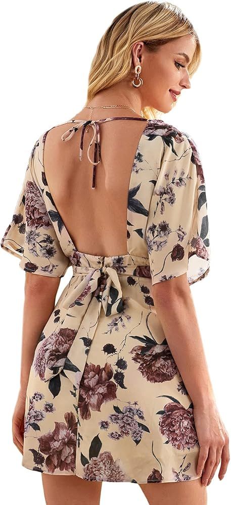 Floerns Women's Tropical Floral Plunging V Neck Tie Open Back Summer Short Dress | Amazon (US)