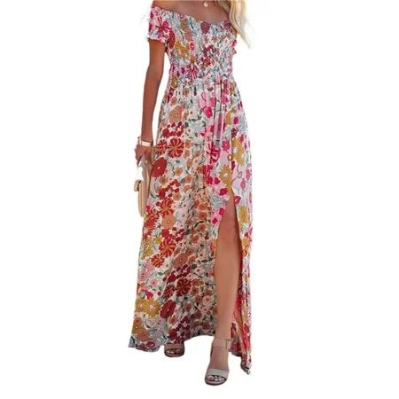 Women Boho Floral Maxi Dress Off Shoulder Low Cut High Split Long Dress Summer Beach Casual Outfit | Walmart (US)